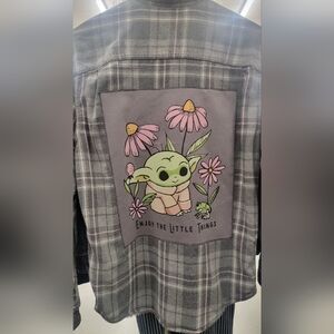 Recycled Plaid  Baby Yoda Flannel Shirt Size Med